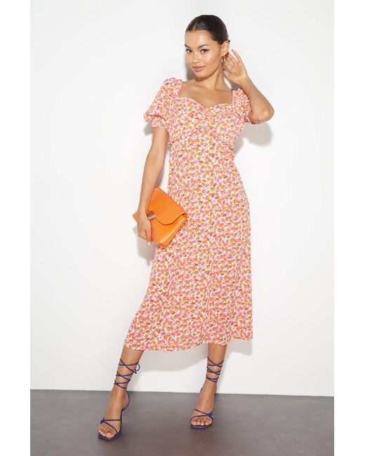 Dorothy Perkins Pink Petite Multi Ditsy Floral Ruched Midi Dress