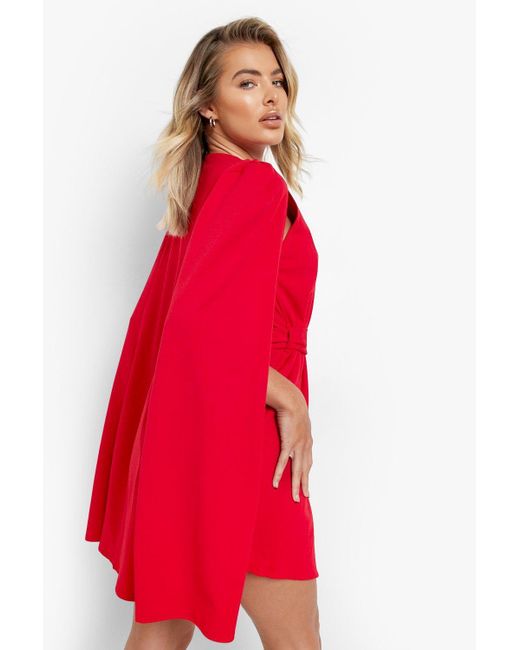 Boohoo Red Cape Sleeve Belted Mini Blazer Dress