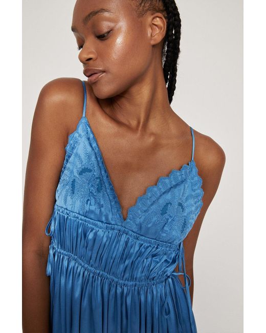 Warehouse Blue Satin Embroidery Tie Side Midi Slip Dress