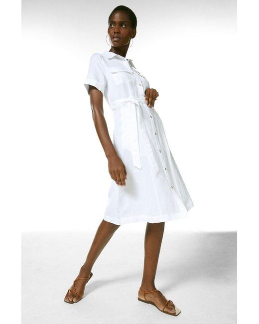 Karen Millen White Linen Viscose Woven Midi Shirt Dress