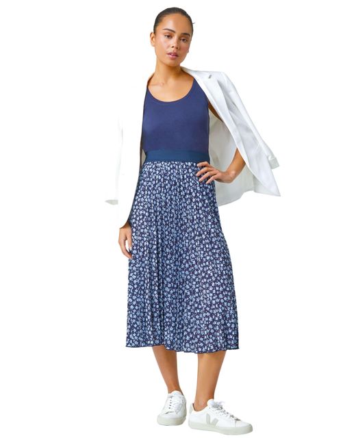 Roman Blue Petite Pleated Ditsy Floral Midi Skirt