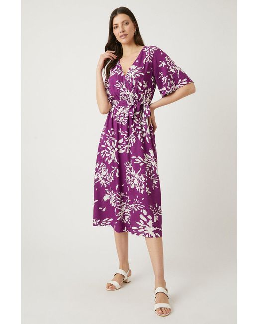 Wallis Purple Stencil Floral Kimono Sleeve Wrap Midi Dress