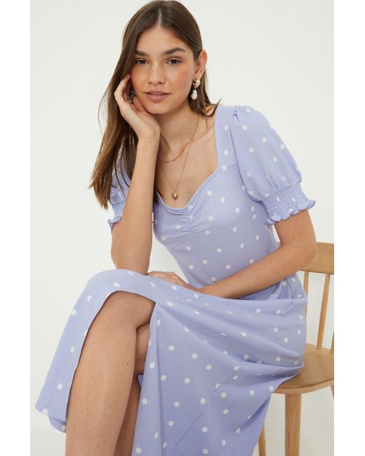 Dorothy Perkins Blue Spot Sweetheart Shirred Cuff Midi Dress