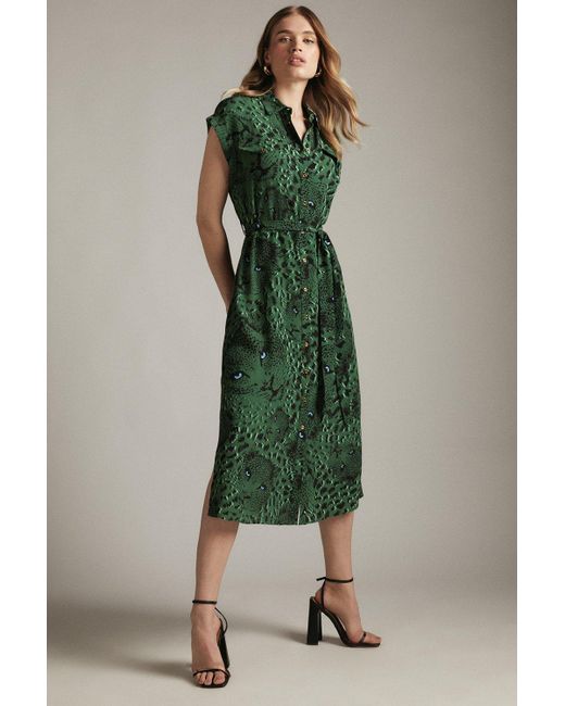 Karen Millen Green Conversational Leopard Woven Shirt Dress