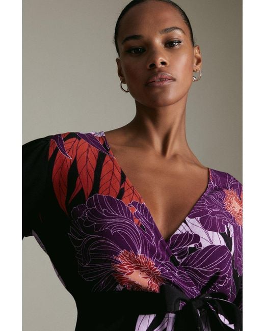 Karen Millen Black Graphic Floral Print Long Sleeve Woven Wrap Top
