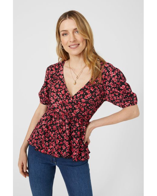 Mantaray Red Printed Floral Puff Sleeve Wrap Top