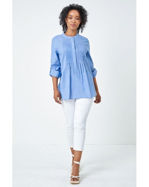 Roman Blue Petite Collarless Cotton Shirt