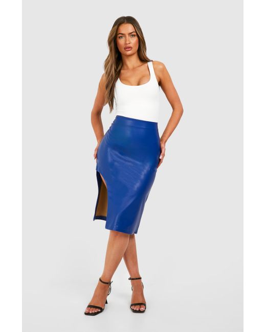 Boohoo Blue Faux Leather Cut Out Detail Midi Skirt