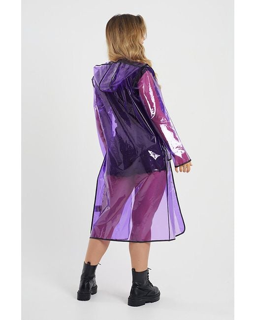 Brave Soul Purple Hooded Longline Rain Mac With Contrasting Binding