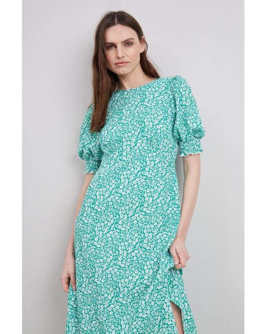 Wallis Blue Green Daisy Puff Sleeve Midi Dress