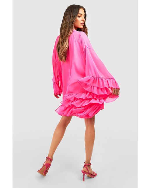 Boohoo Pink Ruffle Detail Smock Dress