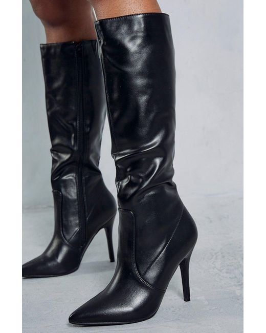MissPap Black Leather Look Pointed Knee High Boots