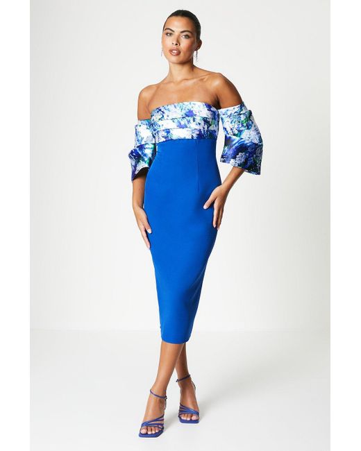 Coast Blue Printed Pleat Bardot Midi Dress