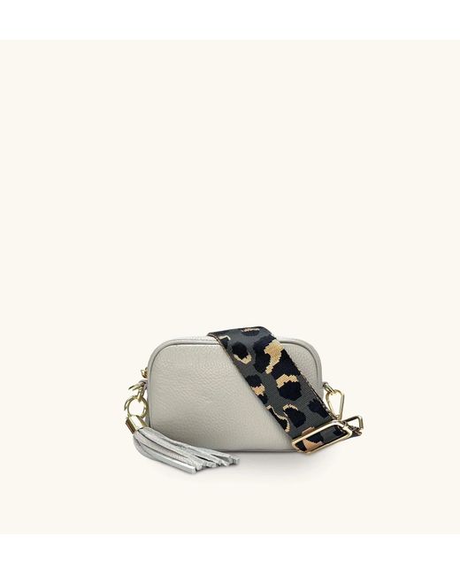 Apatchy London Gray The Mini Tassel Light Grey Leather Phone Bag With Grey Leopard Strap