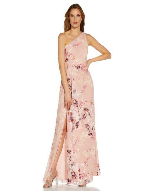 Adrianna Papell Pink Printed Chiffon Drape Gown