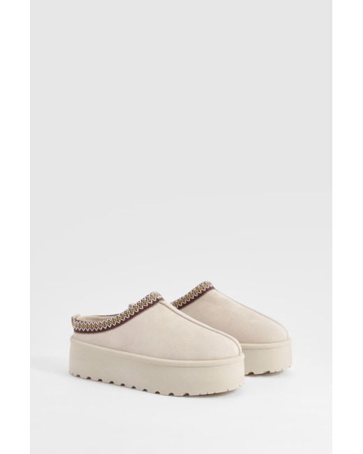Boohoo Natural Embroidered Platform Cosy Mules