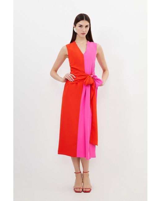 Karen Millen Pink Tall Soft Tailored Colourblock Belted Column Midaxi Dress