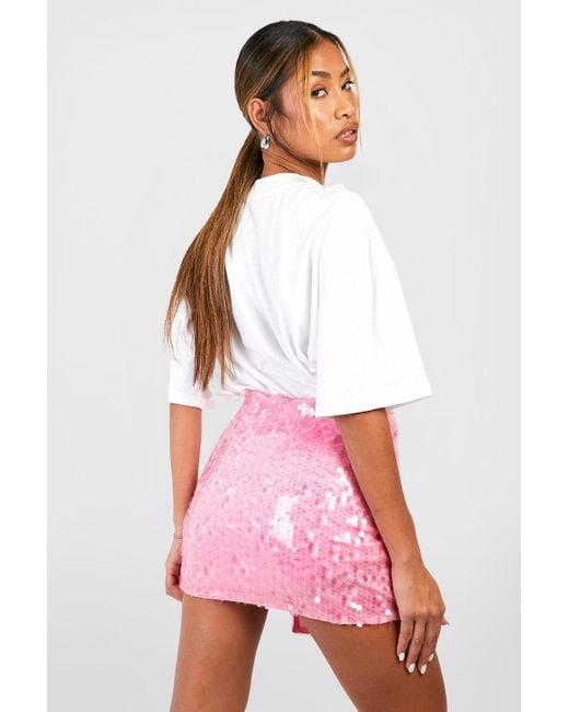 Boohoo Pink Sheer Sequin Wrap Mini Skirt