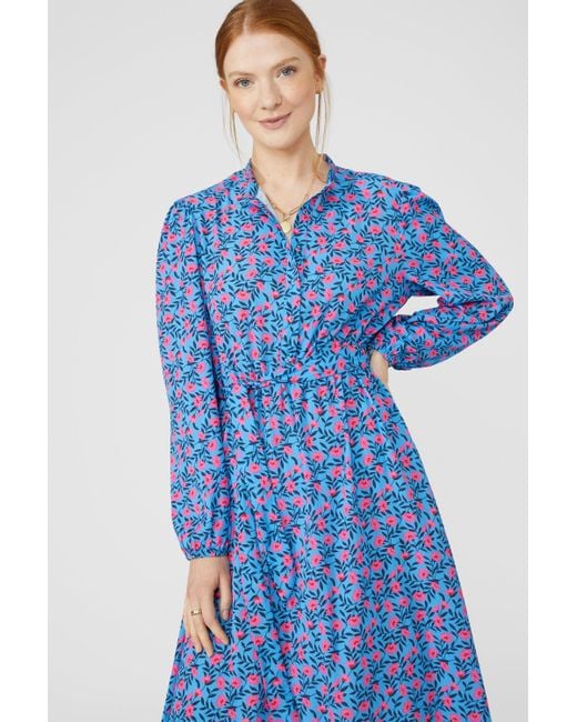 MAINE Blue Floral Print Shirt Midi Dress