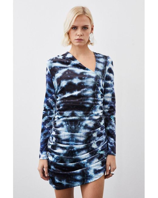 Karen Millen Blue Printed Velvet Stretch Long Sleeve Mini Dress