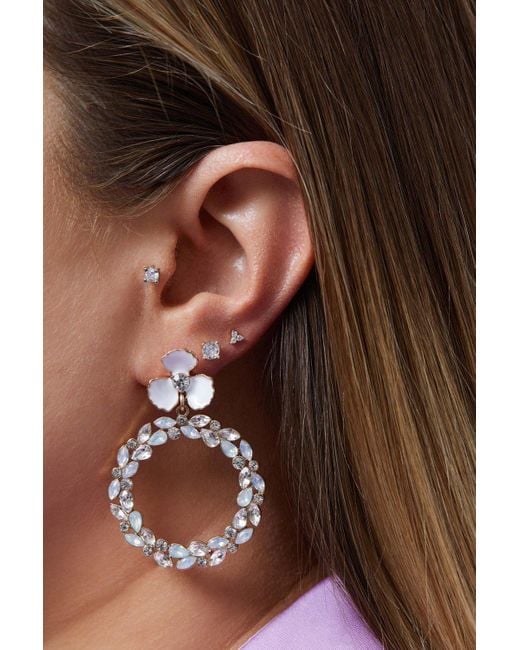 Mood White Gold Crystal And Opal Forward Facing Enamel Flower Drop Earrings