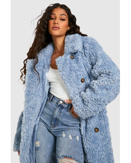 Boohoo Blue Textured Faux Fur Belted Coat