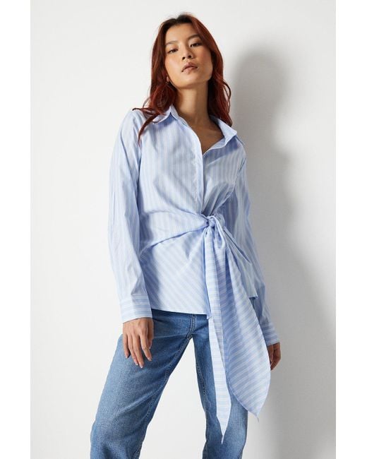 Warehouse Blue Striped Wrap Over Tie Front Shirt
