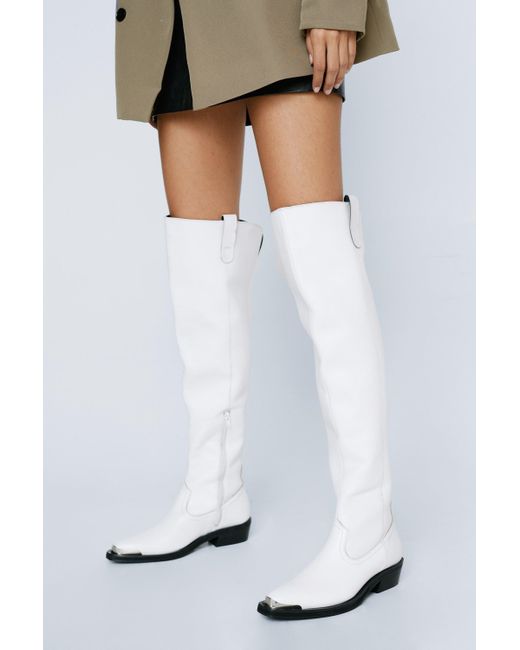 Nasty Gal White Real Leather Thigh High Metal Western Boots