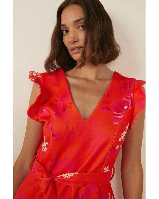 Oasis Red Orange Floral Print Tie Waist Scuba Jumpsuit