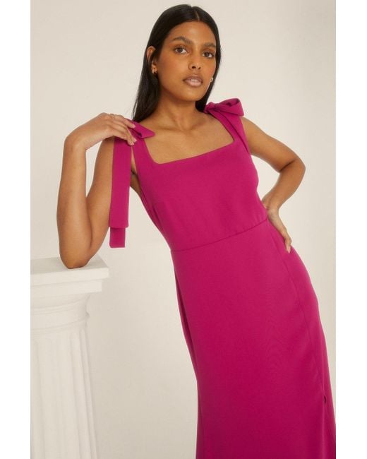 Oasis Pink Petite Premium Crepe Tie Shoulder Midi Dress