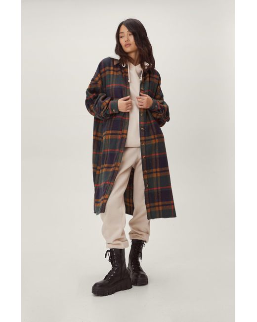 Nasty Gal Green Checked Ruched Sleeve Longline Shacket