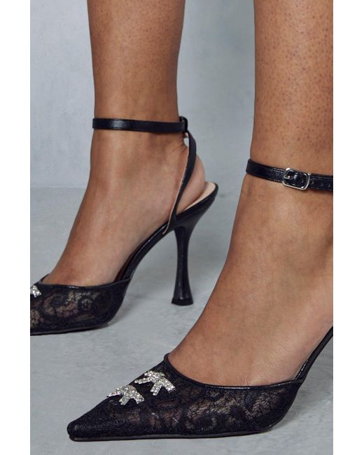 MissPap Gray Premium Lace Diamante Bow Heels
