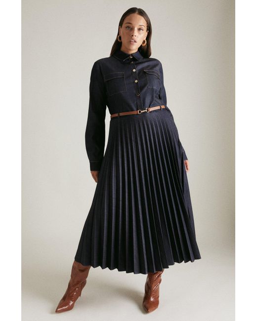 Karen Millen Black Plus Size Tailored Denim Pleated Shirt Dress