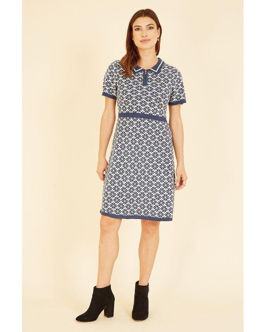 Yumi' Blue Intarsia Daisy Knitted Dress With Zip Collar