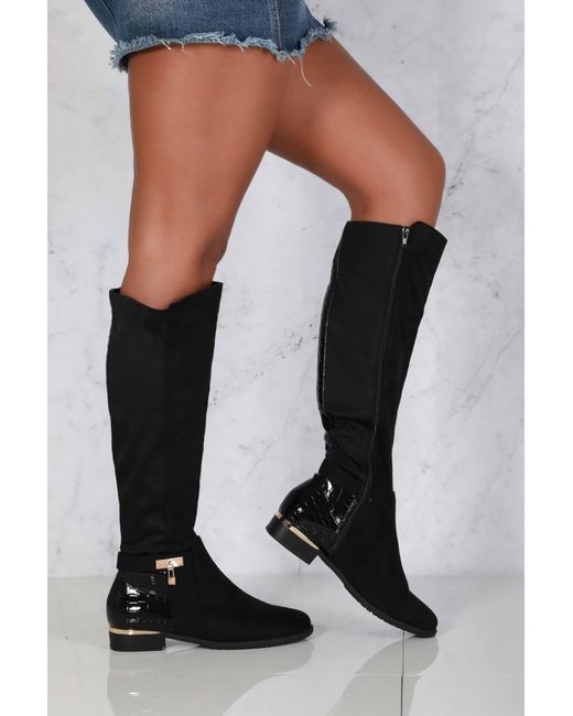 Miss Diva Black Daphine Knee High Lock Detail Faux Suede Boots