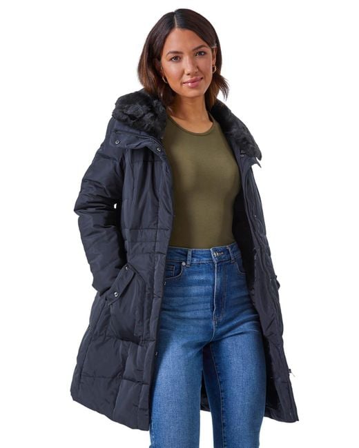 Roman Blue Faux Fur Collar Quilted Coat