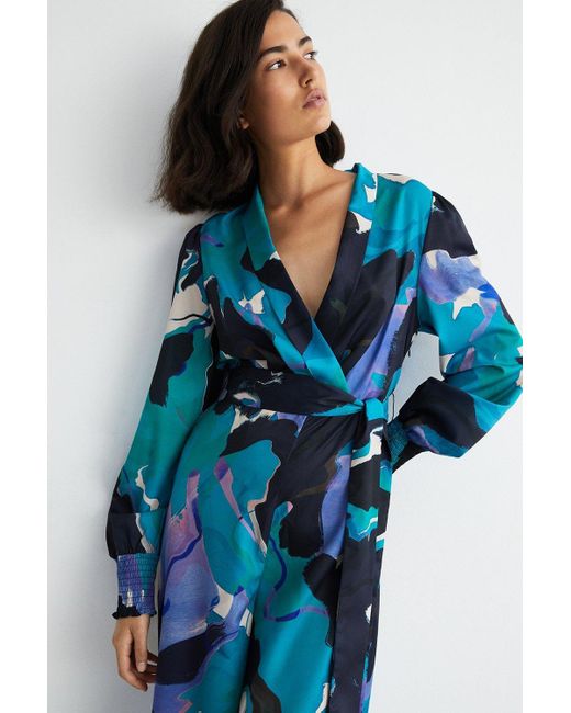 Warehouse Blue Abstract Print Wrap Front Wide Leg Jumpsuit