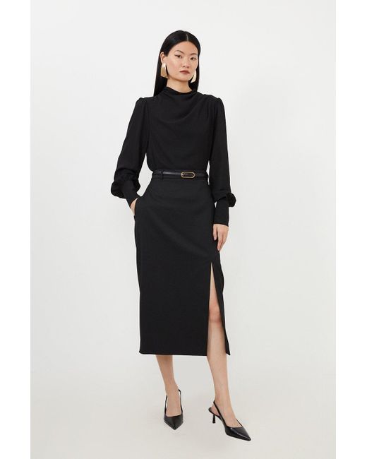 Karen Millen Black Tailored Premium Twill Slit Detail Midi Skirt
