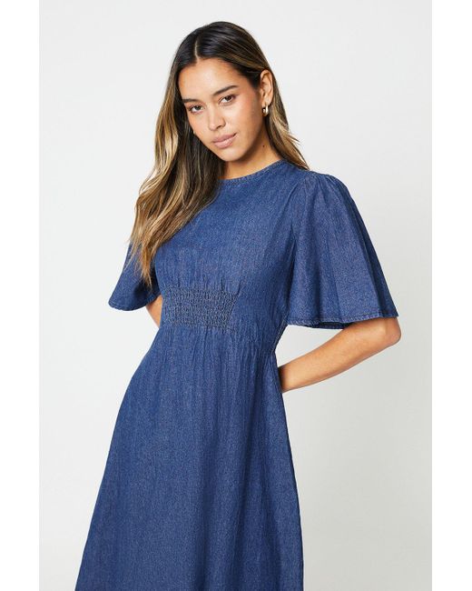 Dorothy Perkins Blue Denim Shirred Waist Midi Dress