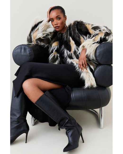 Karen Millen Natural Jacquard Faux Fur Pu Belted Coat