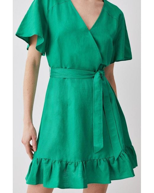 Karen Millen Green Linen Angel Sleeve Wrap Front Dress