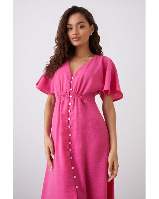 Dorothy Perkins Petite Pink Button Front Shirred Waist Midi Dress