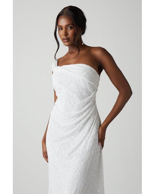 Coast White Bardot Asymmetrical Sequin Wedding Dress With Drape