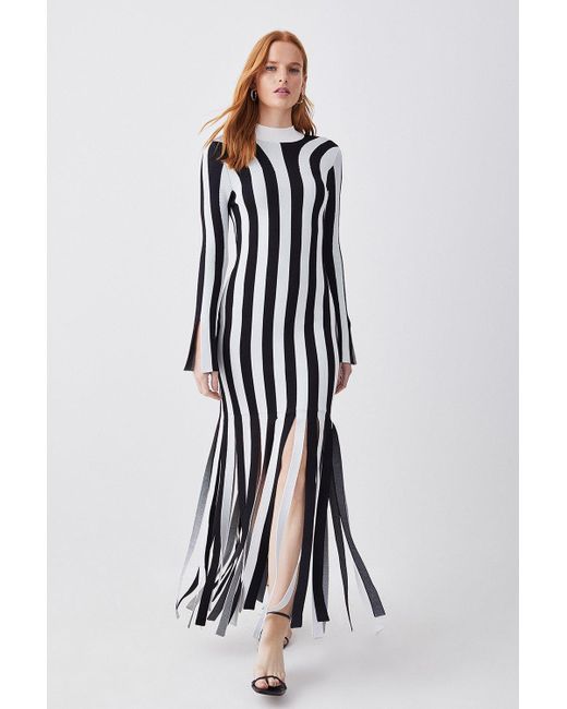 Karen Millen Multicolor Stripe Shredded Hem Jacquard Maxi Column Dress