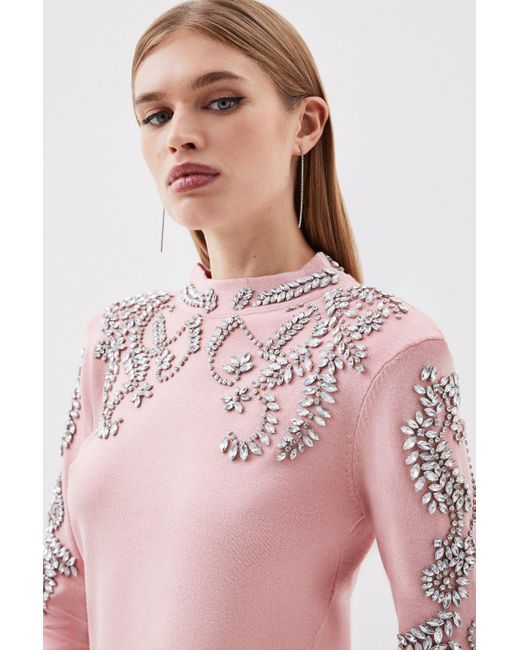 Karen Millen Pink Viscose Blend Embellished Long Sleeve Knit Jumper