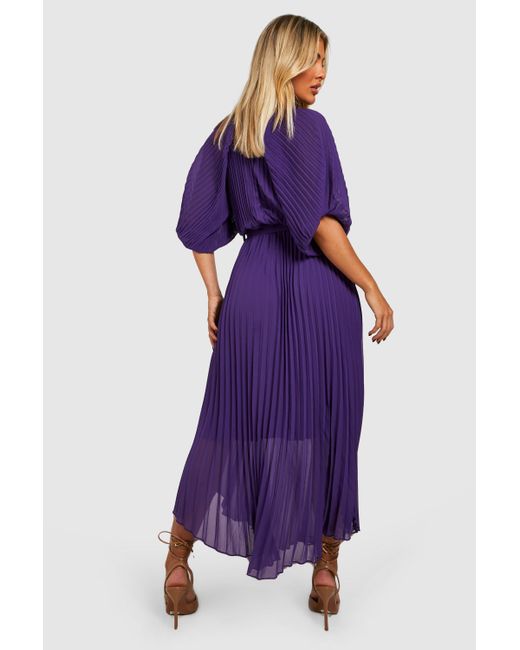 Boohoo Purple Pleated Puff Sleeve Midi Dress