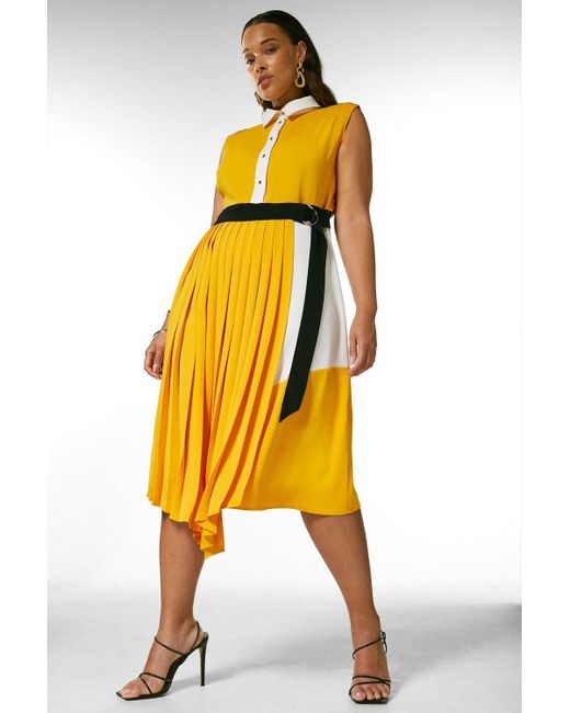 Karen Millen Yellow Plus Size Colourblock Soft Pleated Shirt Dress