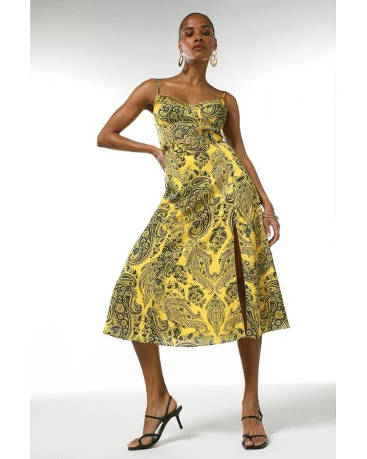 Karen Millen Yellow Paisley Belted Woven Dress