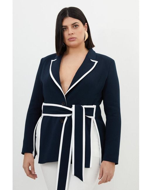 Karen Millen Blue Plus Size Compact Stretch Tailored Belted Tipped Blazer