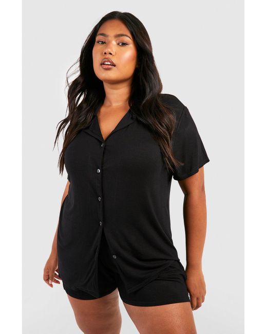 Boohoo Black Plus Peached Jersey Knit Short Sleeve Button Up Pj Shirt